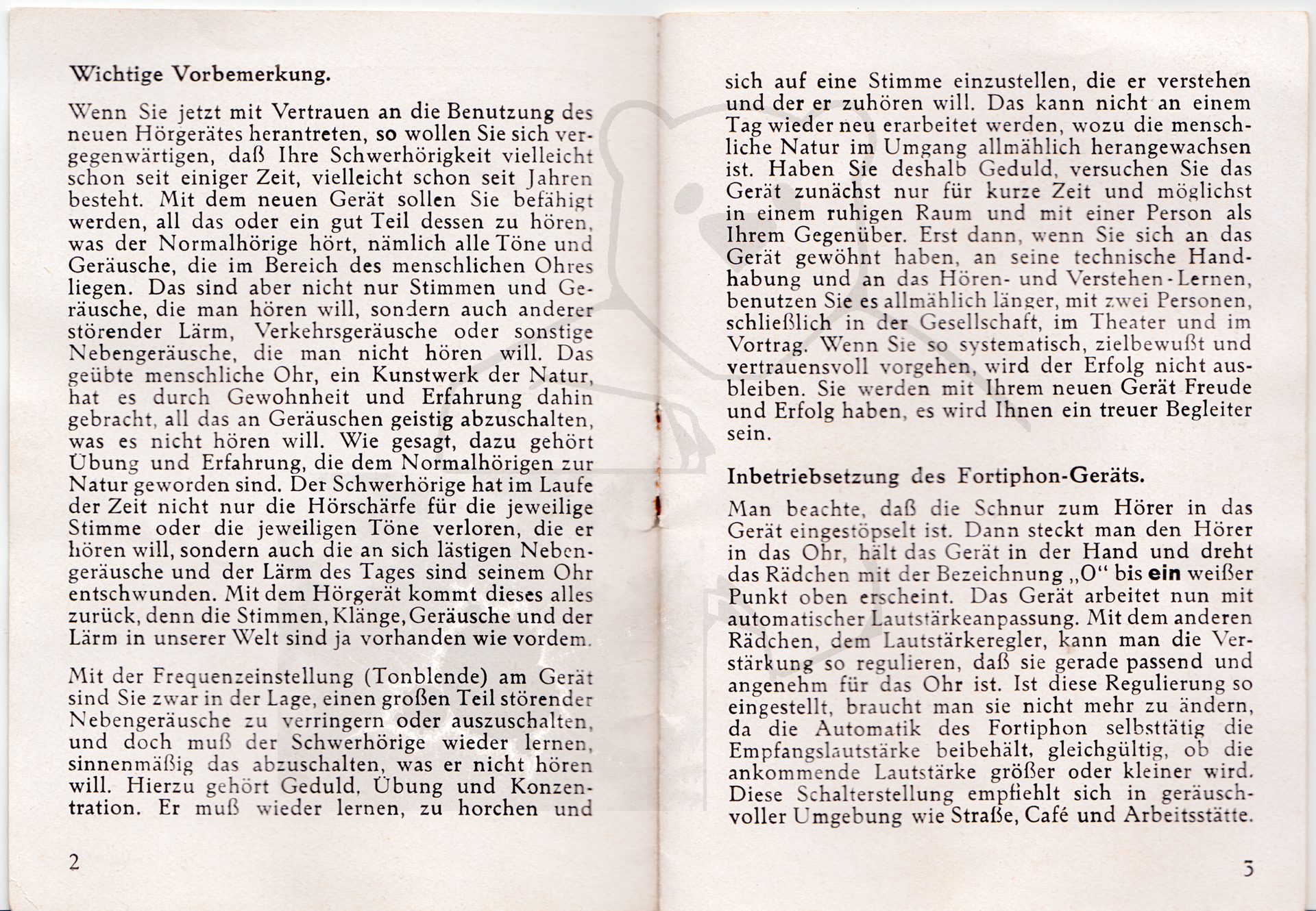Hörgerät "Fortiphone Type 20", ca. 1949, Anleitung Seite 2 - 3